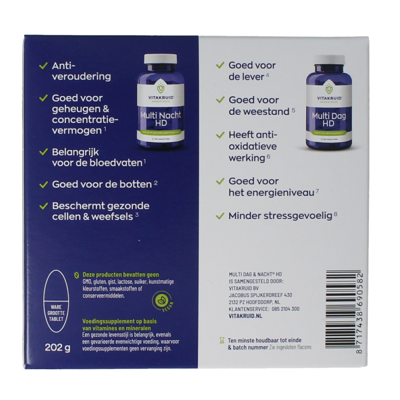 Bottle of Vitakruid Multi Dag & Nacht HD multivitamin tablets, 180 count, showing the product packaging and labeling.