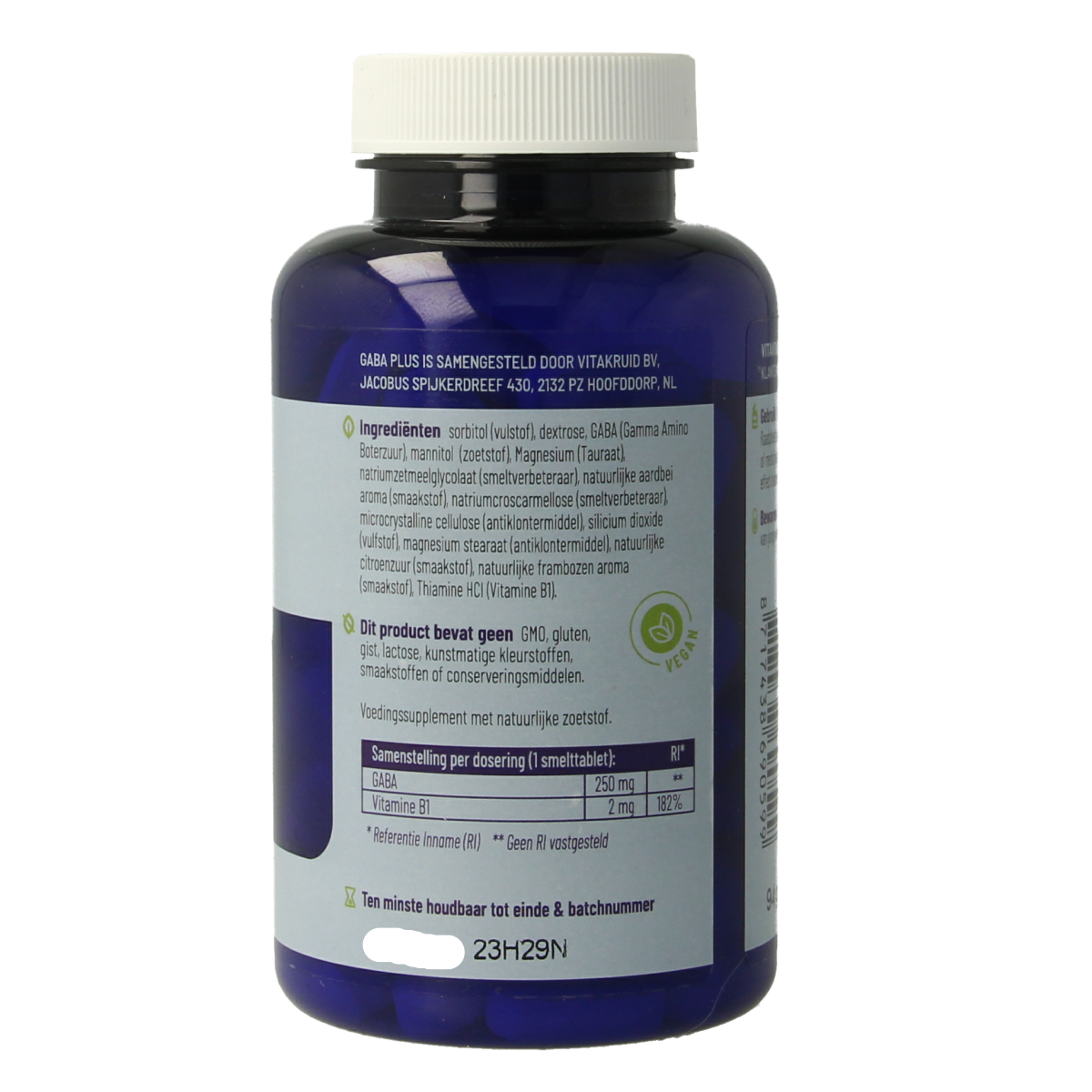 Vitakruid GABA Plus amino acid supplement in a blister pack of 90 meltable tablets, featuring the product packaging and branding.