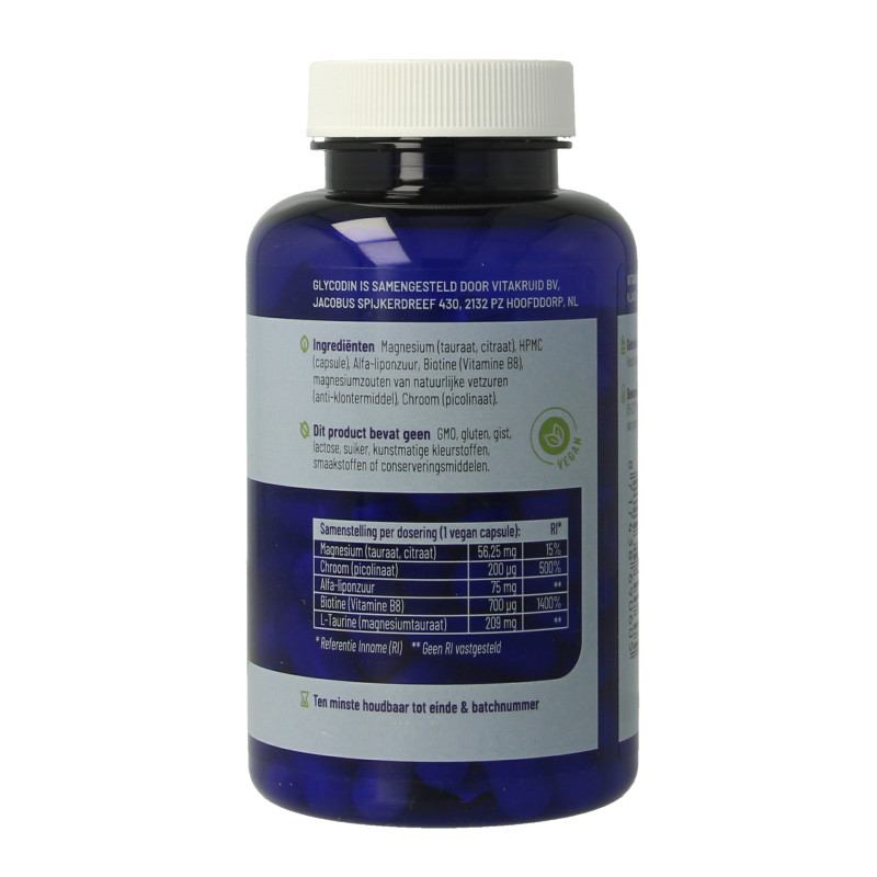 Vitakruid Glycodin vegetarian capsules with chromium, biotin, alpha-lipoic acid, and L-taurine, mineral supplement for health support.
