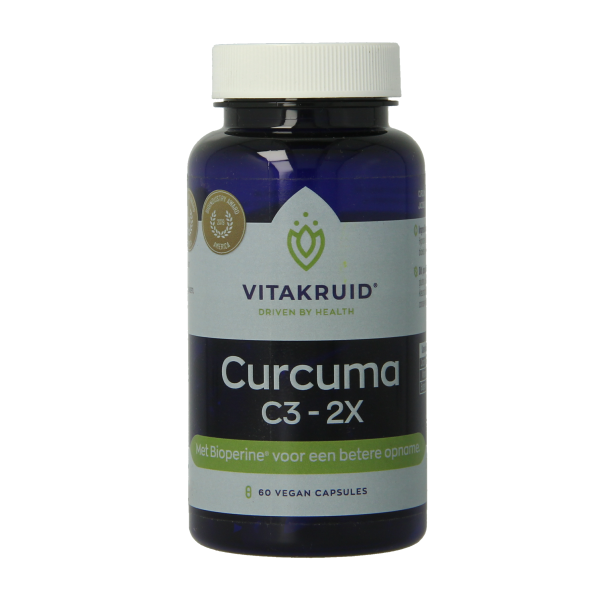 Vitakruid Curcuma C3-2X herbal supplement capsules with curcuminoids and Bioperine, vegetarian, shown in blister pack.