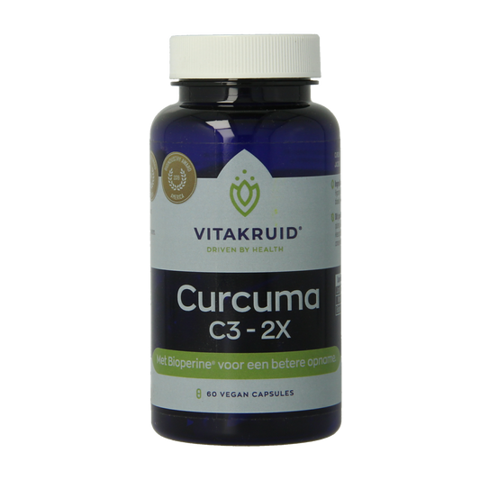 Vitakruid Curcuma C3-2X herbal supplement capsules with curcuminoids and Bioperine, vegetarian, shown in blister pack.