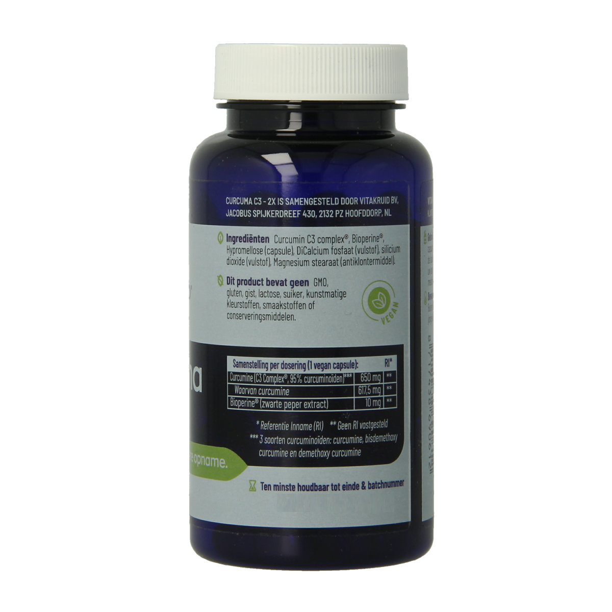 Vegetarische Vitakruid Curcuma C3-2X capsules met 95% curcuminoïden en Bioperine in een pot, kruidenpreparaat supplement.