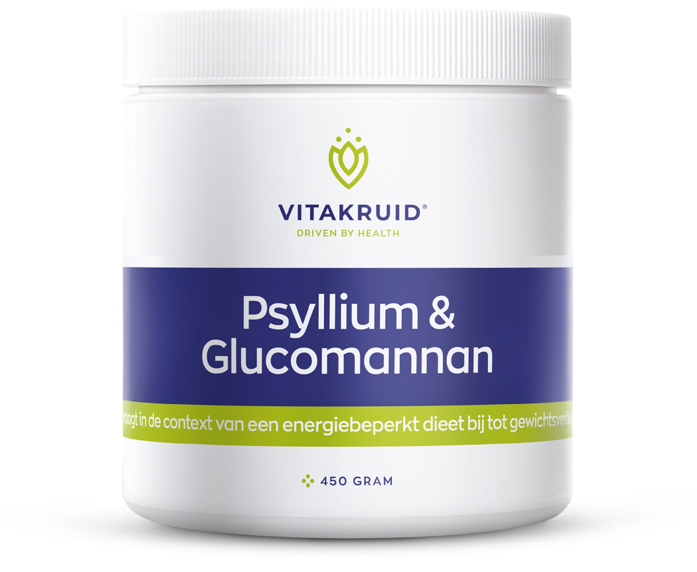 Vitakruid Psyllium and Glucomannan fiber supplement in a 450g container, featuring the herbal preparation label and product packaging.