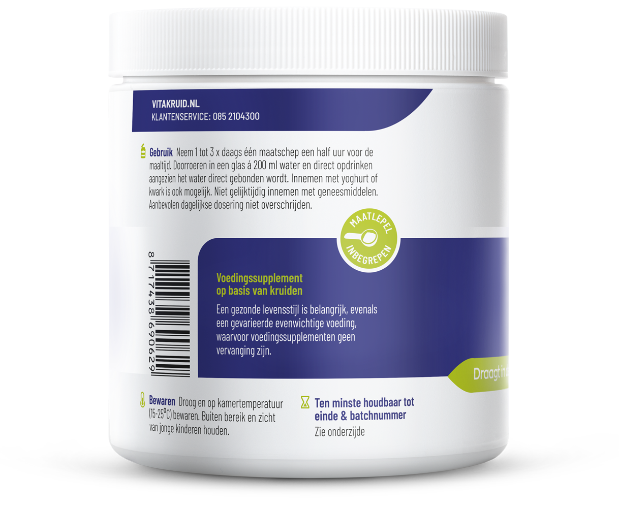 Vitakruid Psyllium and Glucomannan fiber supplement in a 450g container, herbal preparation for digestive health.