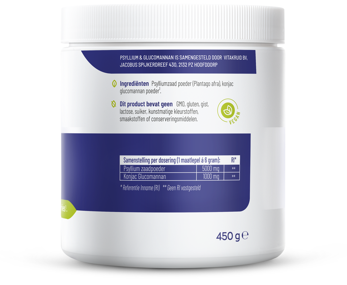 Vitakruid Psyllium and Glucomannan fiber supplement in a 450g container, herbal preparation for digestive health