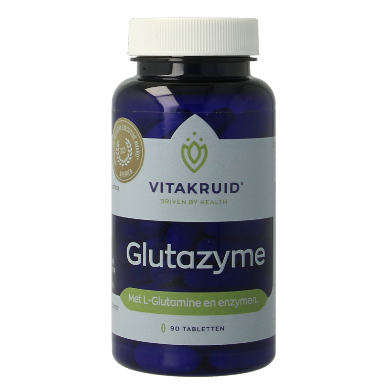Vitakruid Glutazyme oa digestive enzymes and L-Glutamine supplement in 90 tablets, featuring fibers and enzyme complex.