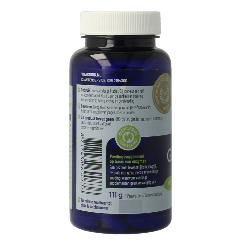 Vitakruid Glutazyme oa spijsverteringsenzymen en L-Glutamine supplement in 90 tabletten, showing the supplement tablets and packaging.