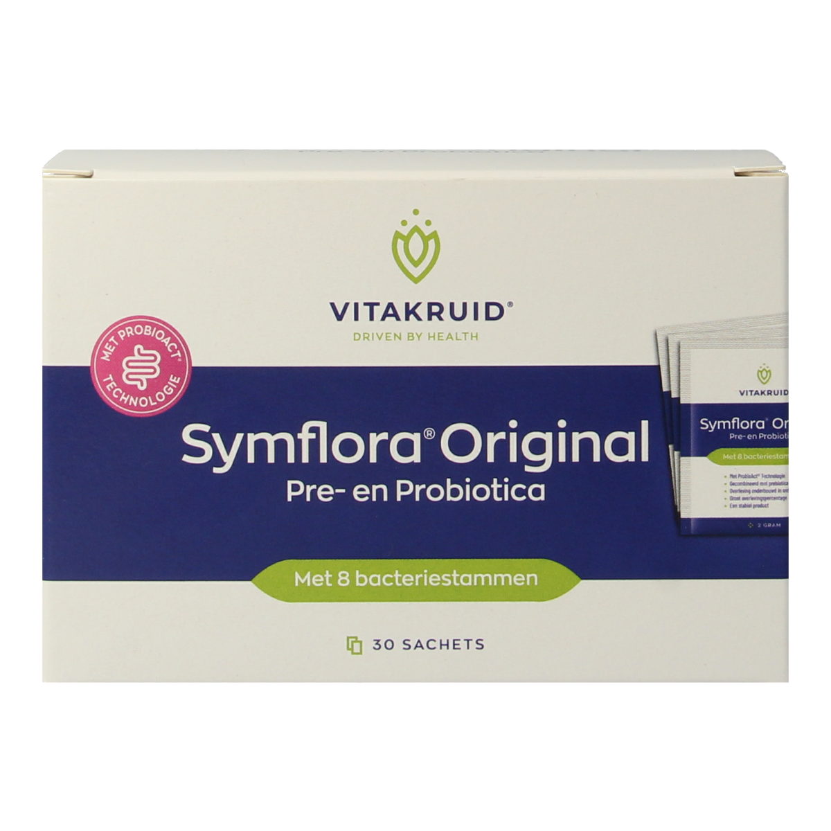 Vitakruid Symflora Original pre- and probiotic sachets with 8 strains of micro-organisms, shown in a box with 30 sachets.