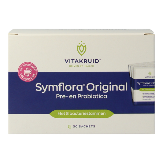 Vitakruid Symflora Original pre- and probiotic sachets with 8 strains of micro-organisms, shown in a box with 30 sachets.