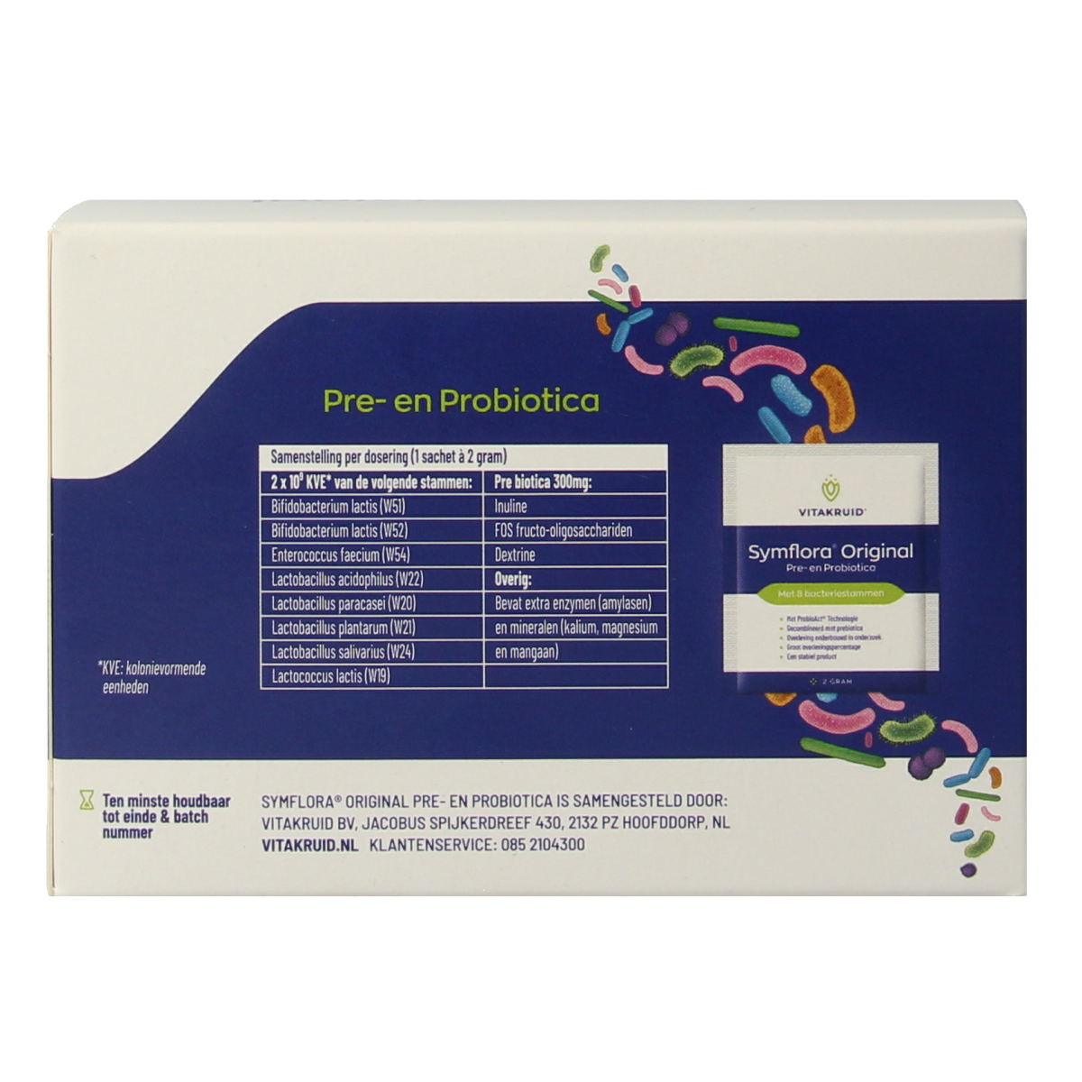 Vitakruid Symflora Original probiotic sachets with 8 strains of micro-organisms, shown in a box with 30 sachets.