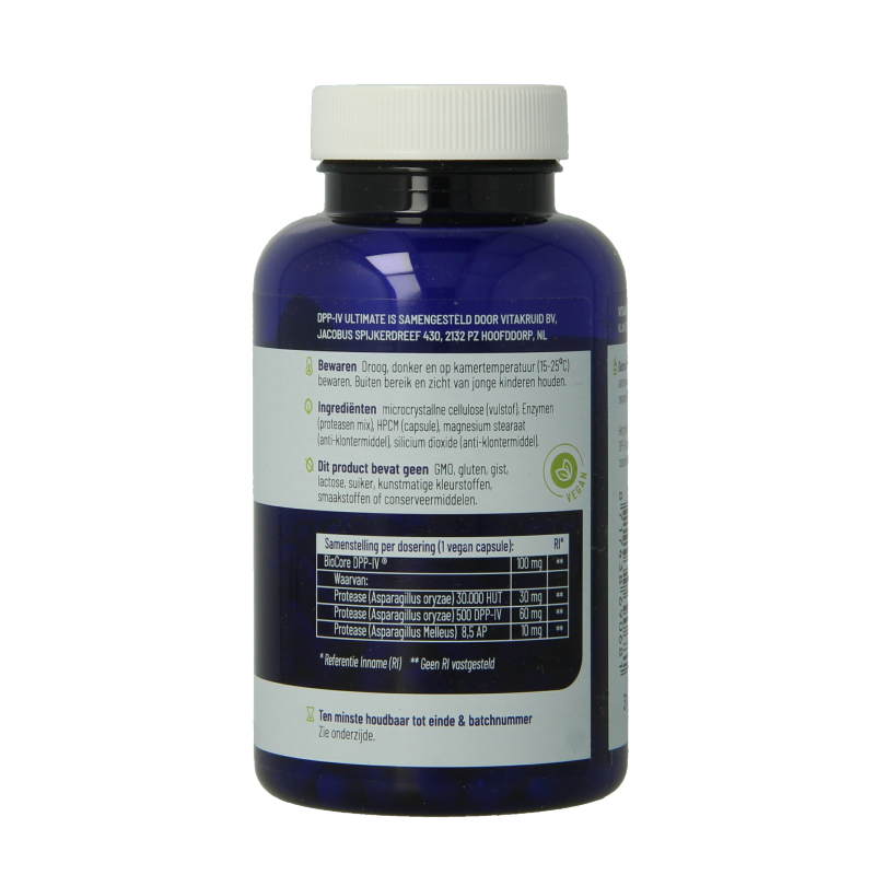 Vegetarian capsules of Vitakruid DPP-IV Ultimate BioCore enzymen supplement in a blister pack, showcasing the product packaging.