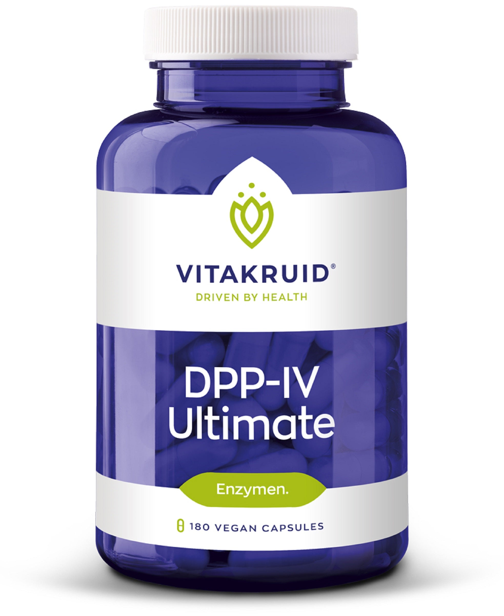 Vitakruid DPP-IV Ultimate BioCore vegetarian herbal capsules, dietary supplement for enzyme support, in a clear bottle.