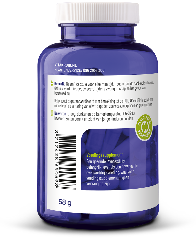 Vitakruid DPP-IV Ultimate bio-enzyme capsules in vegetarian supplement bottle, showing label and capsules inside.