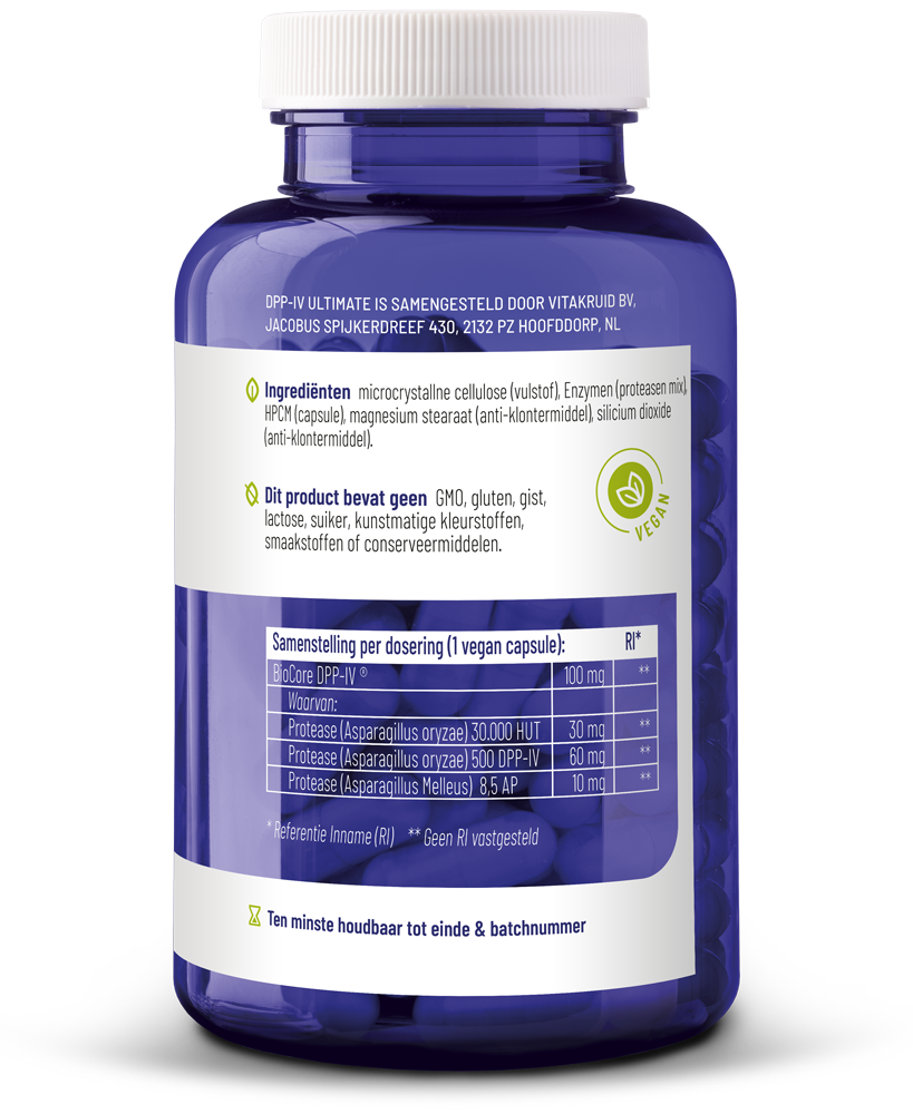 Vitakruid DPP-IV Ultimate BioCore vegetarian capsules, herbal supplement in a white bottle with label and capsules inside.