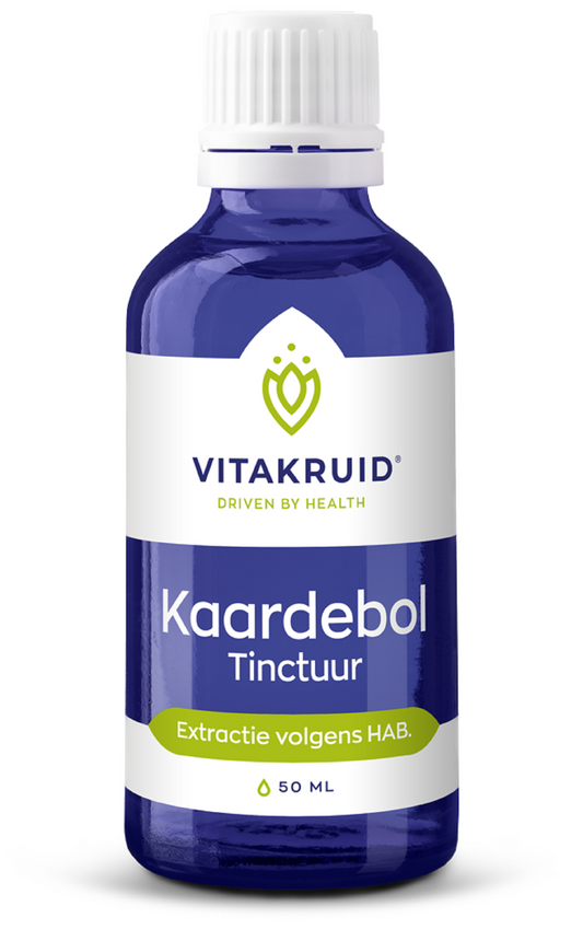 Bottle of Vitakruid Kaardebol wortel tinctuur extractie in 50ml bottle, herbal supplement from Vitakruid brand.