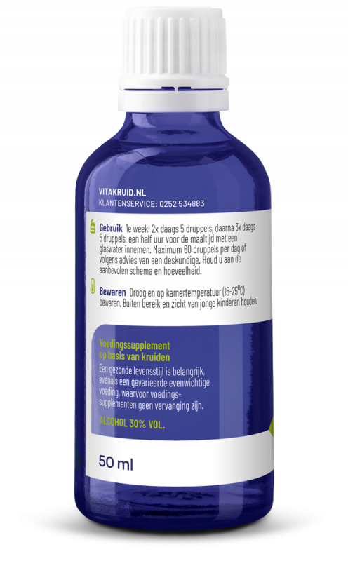 Vitakruid Kaardebol wortel tinctuur in 50ml bottle, herbal preparation with extract from Kaardebol root, natural herbal supplement.