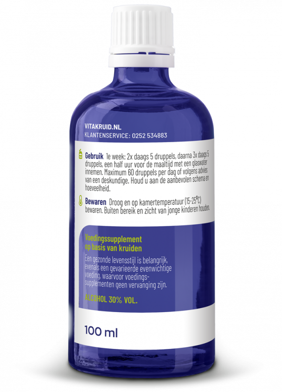 Vitakruid Kaardebol wortel tinctuur in 100ml bottle, herbal extract for natural health, shown in a clear container.