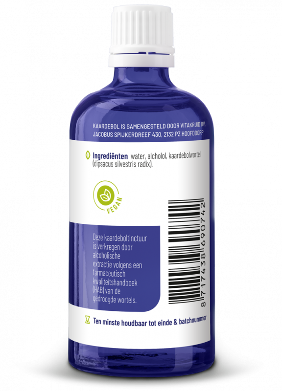 Vitakruid Kaardebol wortel tinctuur in 100ml bottle, herbal supplement with extract, labeled with product barcode and packaging.