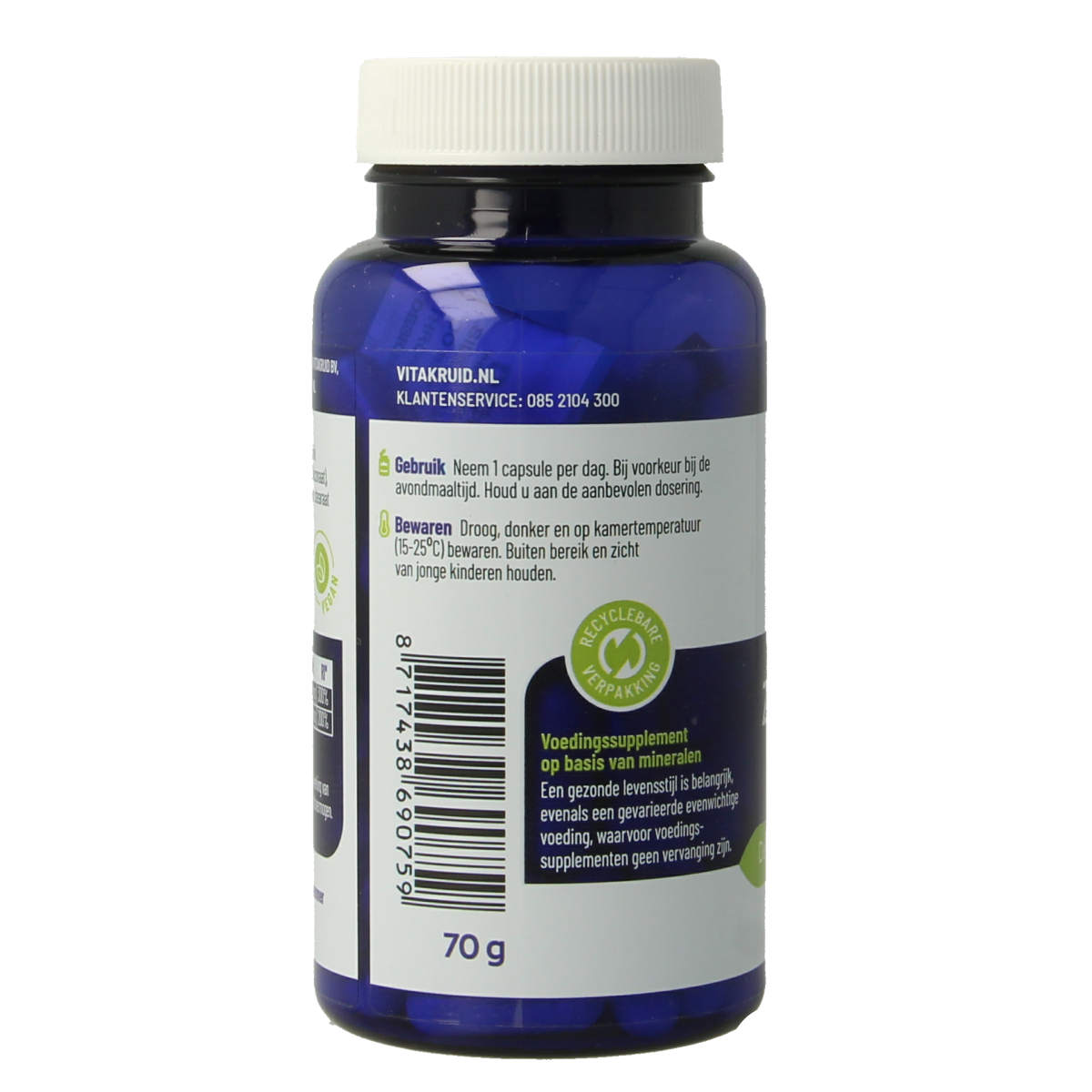 Vegetarian capsules of Vitakruid Zink Methionine and Koper Gluconaat, mineral supplement in a clear bottle.