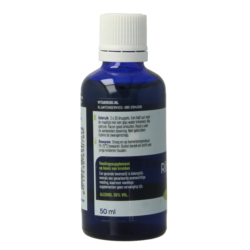 Bottle of Vitakruid Ribes Nigrum zwarte bes tinctuur in 50ml dropper bottle, herbal supplement with black currant extract.