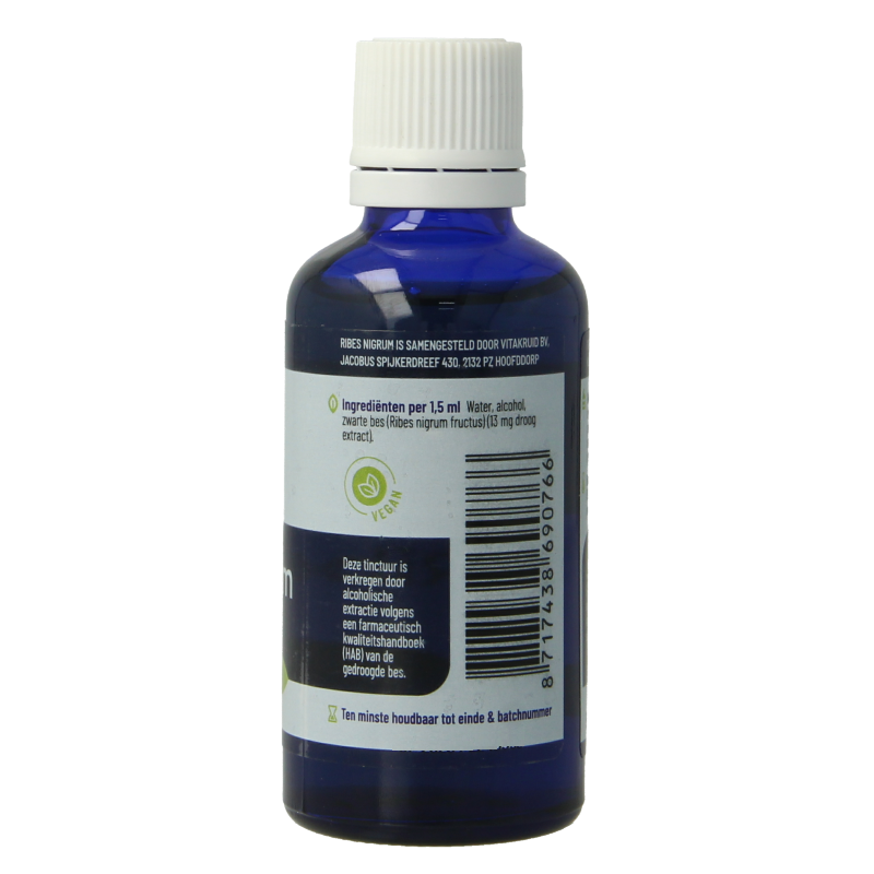 Bottle of Vitakruid Ribes Nigrum black currant tincture in a 50ml brown glass container with label and dropper.