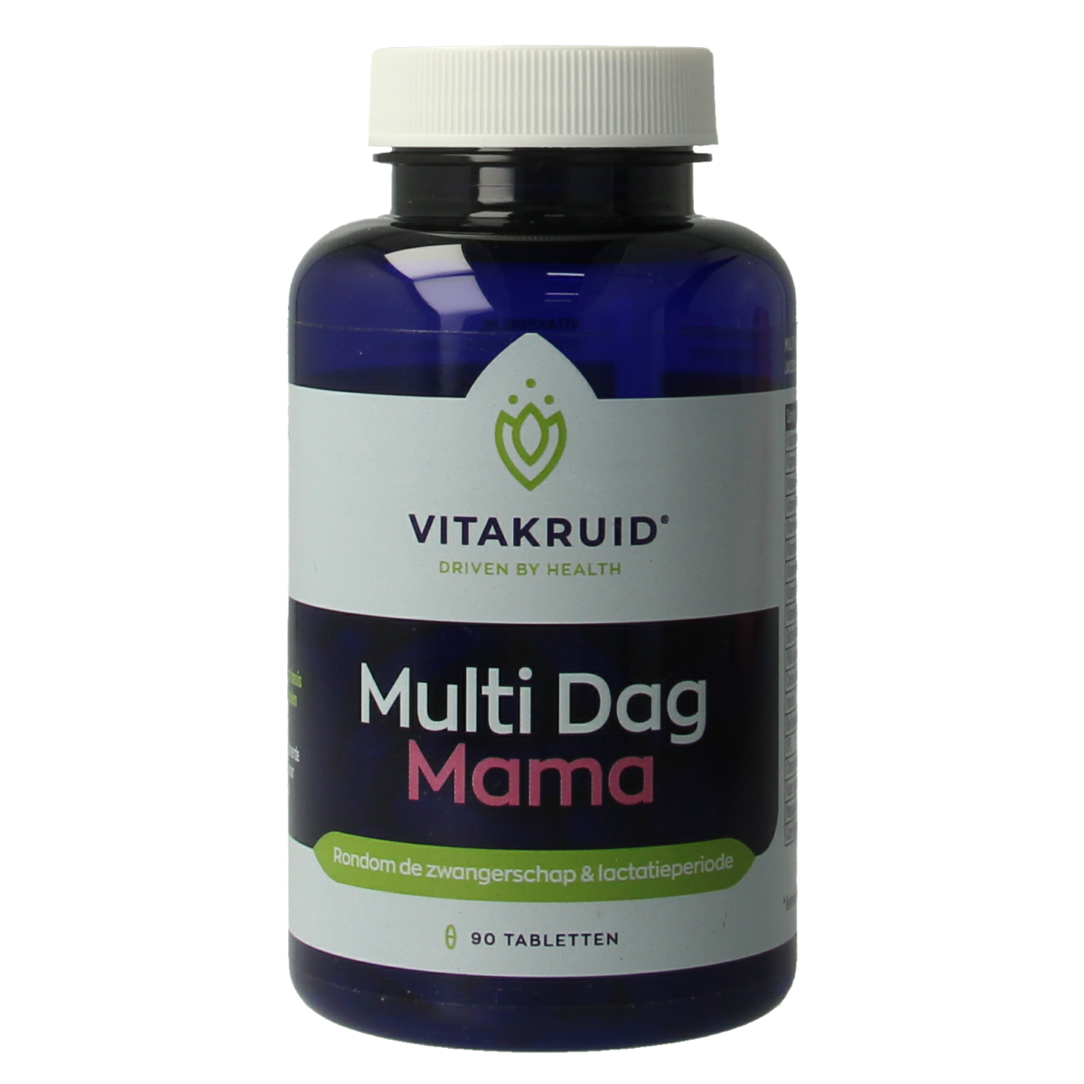 Vitakruid Multi Dag Mama 100% vegan multivitamin tablets, close-up of the supplement container and tablets.