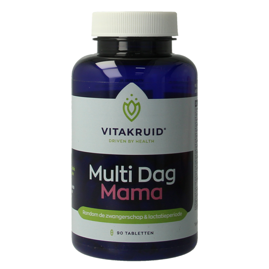 Vitakruid Multi Dag Mama 100% vegan multivitamin tablets, close-up of the supplement container and tablets.