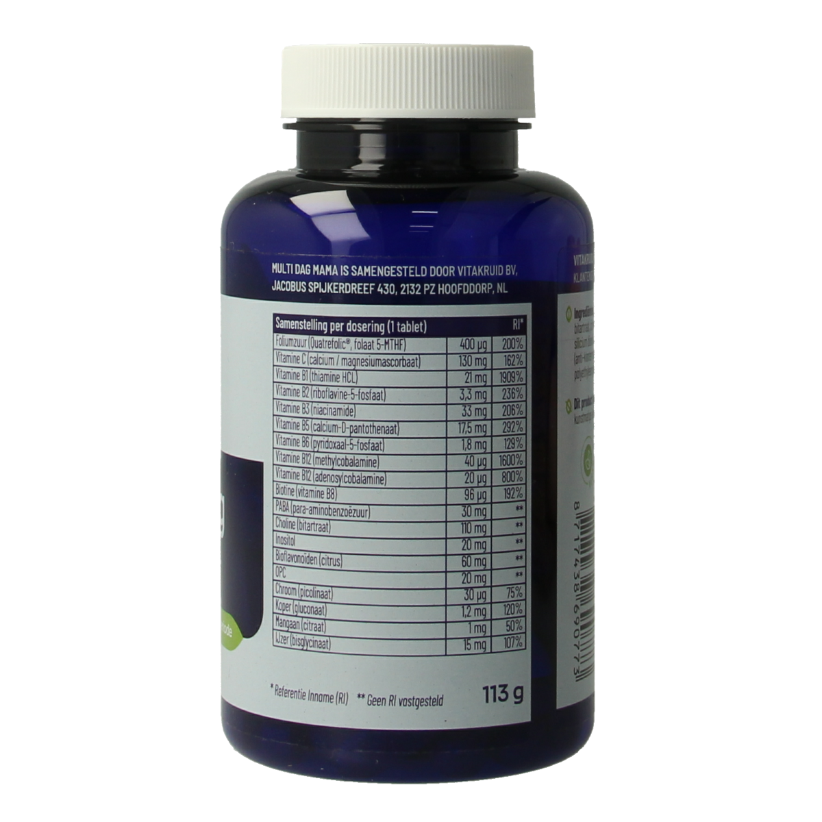VitaKruid Multi Dag Mama vegan multivitamin tablets in a bottle, dietary supplement for daily nutritional support.