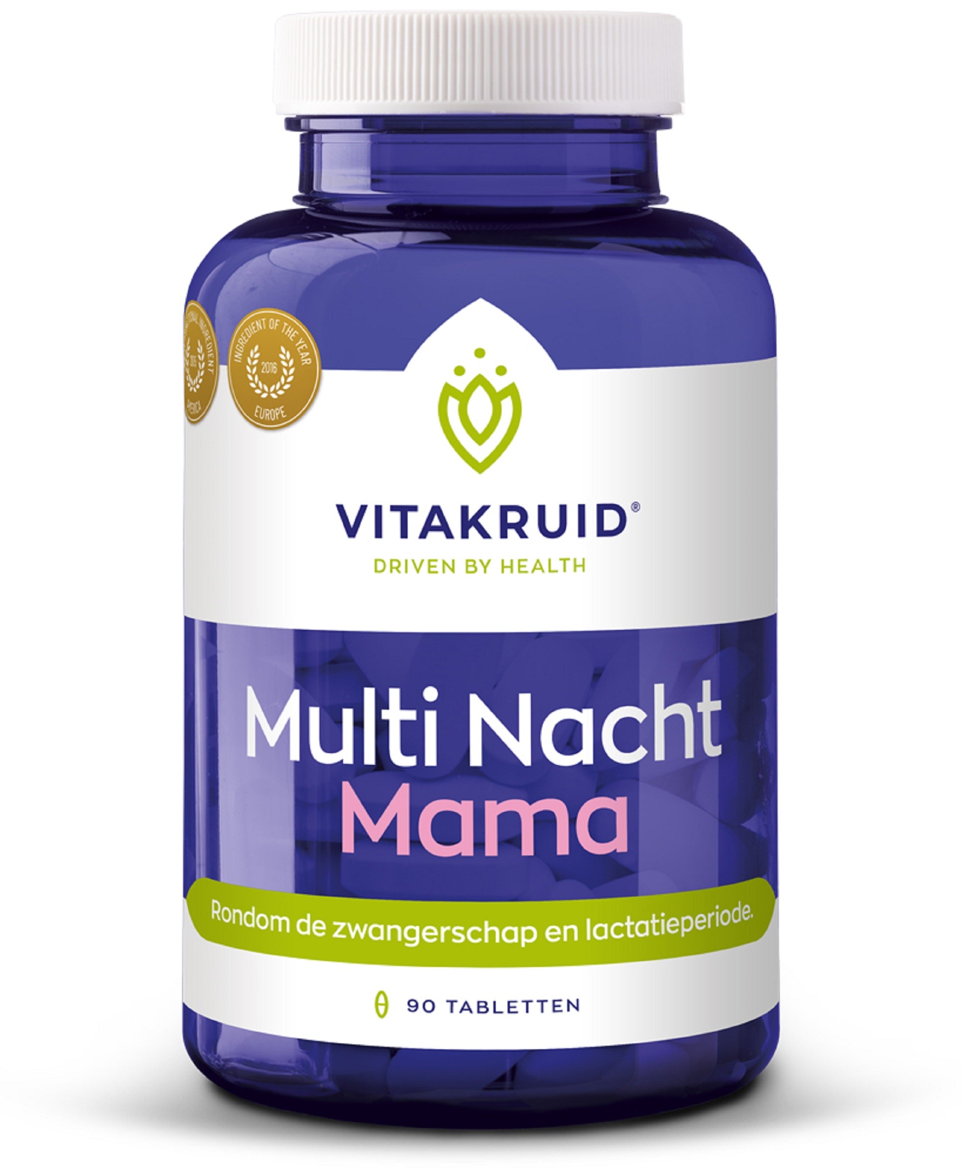 Vitakruid Multi Nacht Mama 100% vegan multivitamin tablets for pregnant women, shown in a close-up view.