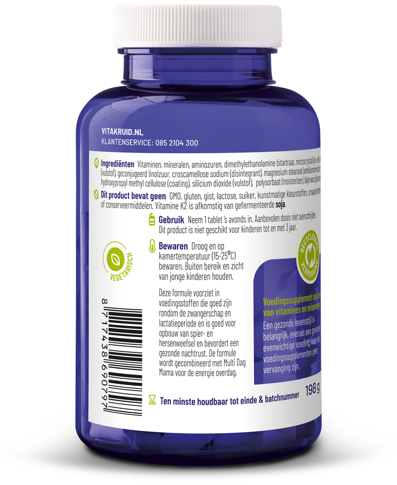 VitaKruid Multi Nacht Mama vegan multivitamin tablets in a bottle, designed for women, displayed on a white background.