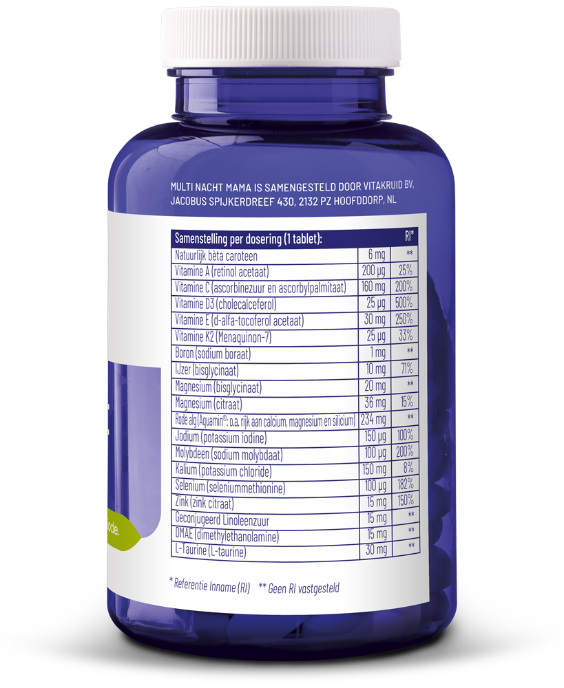 VitaKruid Multi Nacht Mama vegan multivitamine tabletten in blister pack, dietary supplement for pregnant women