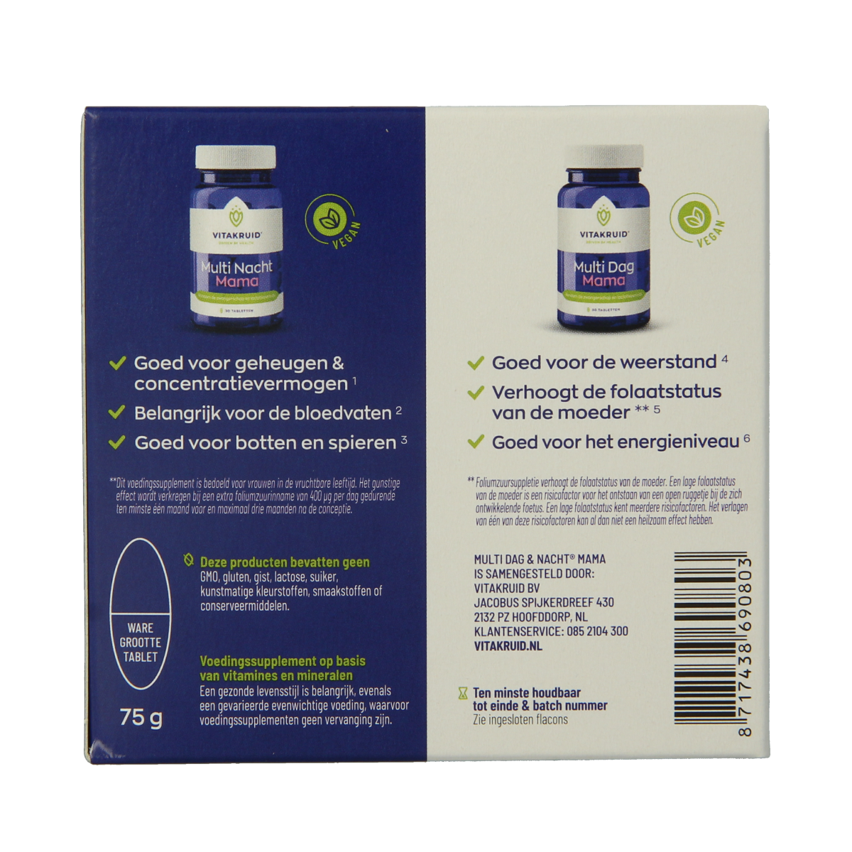 VitaKruid Multi Dag & Nacht Mama vegan multivitamin tablets, 2 x 30 count, dietary supplement for daily and night nutrition.