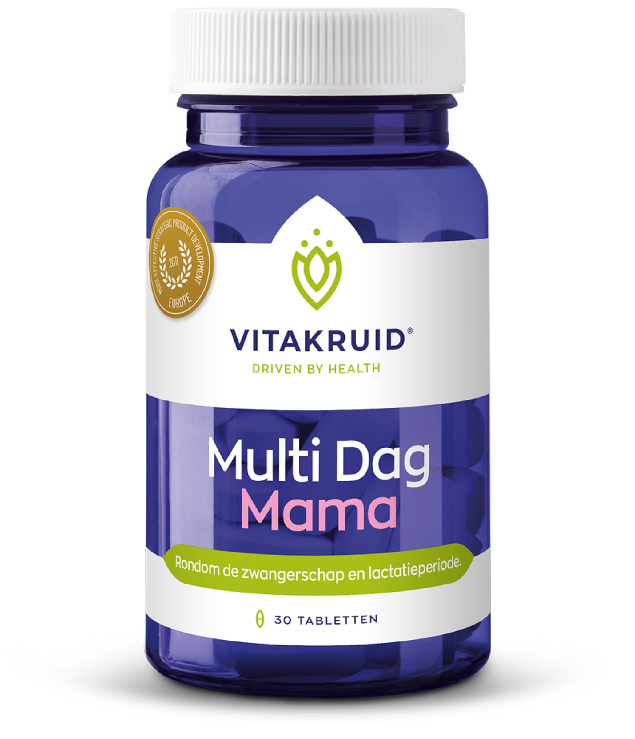 Vitakruid Multi Dag Mama 100% vegan multivitamin tablets for daily health support, shown in a bottle with 30 tablets.