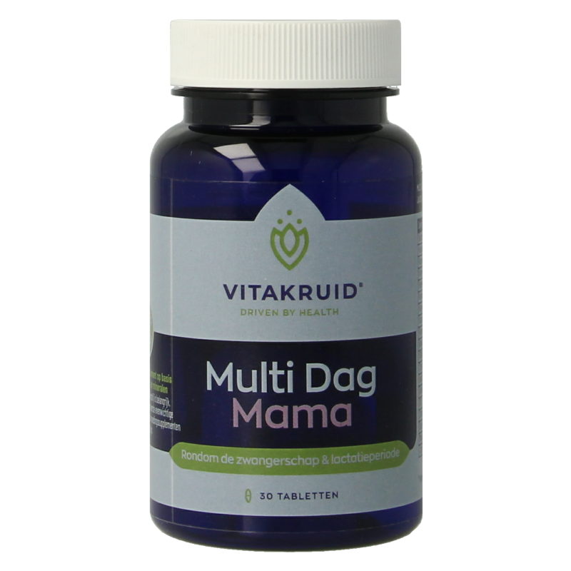 Vitakruid Multi Dag Mama vegan multivitamin tablets in a bottle, 30 tablets for daily nutritional support.