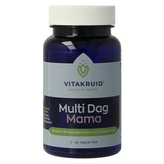 Vitakruid Multi Dag Mama vegan multivitamin tablets in a bottle, 30 tablets for daily nutritional support.