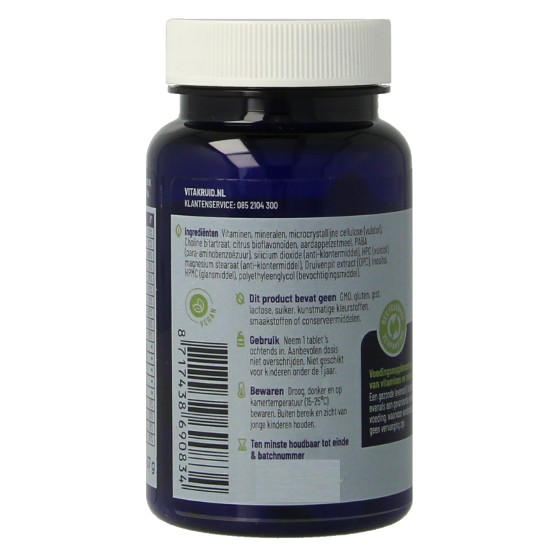Vitakruid Multi Dag Mama 100% vegan multivitamin tablets for daily nutritional support, shown in a bottle with 30 tablets.