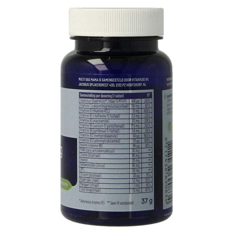 VitaKruid Multi Dag Mama 100% Vegan multivitamin tablets in a clear container, showing 30 tablets on a white background.
