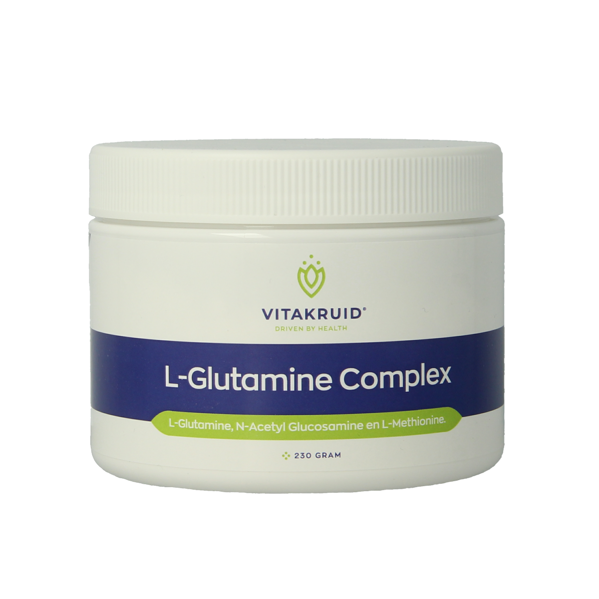 Vitakruid L-Glutamine Complex with Glucosamine and L-Methionine in 230g herbal supplement jar, featuring herbal ingredients and label.