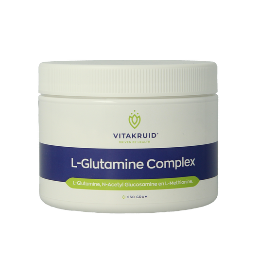 Vitakruid L-Glutamine Complex with Glucosamine and L-Methionine in 230g herbal supplement jar, featuring herbal ingredients and label.