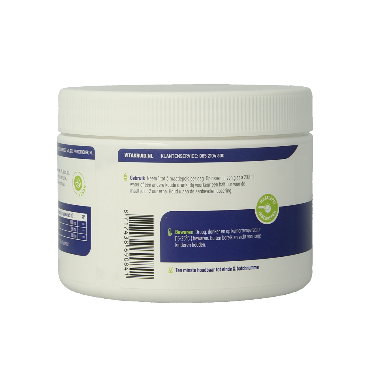 Vitakruid L-Glutamine Complex with Glucosamine and L-Methionine in 230g herbal supplement jar, showing the product label and packaging.