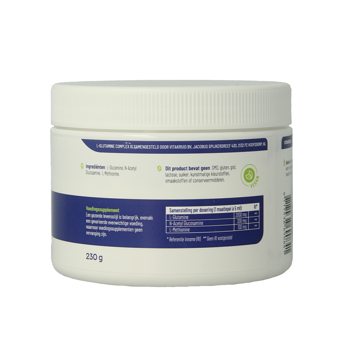 Bottle of Vitakruid L-Glutamine Complex with glucosamine and L-methionine in 230g herbal supplement container