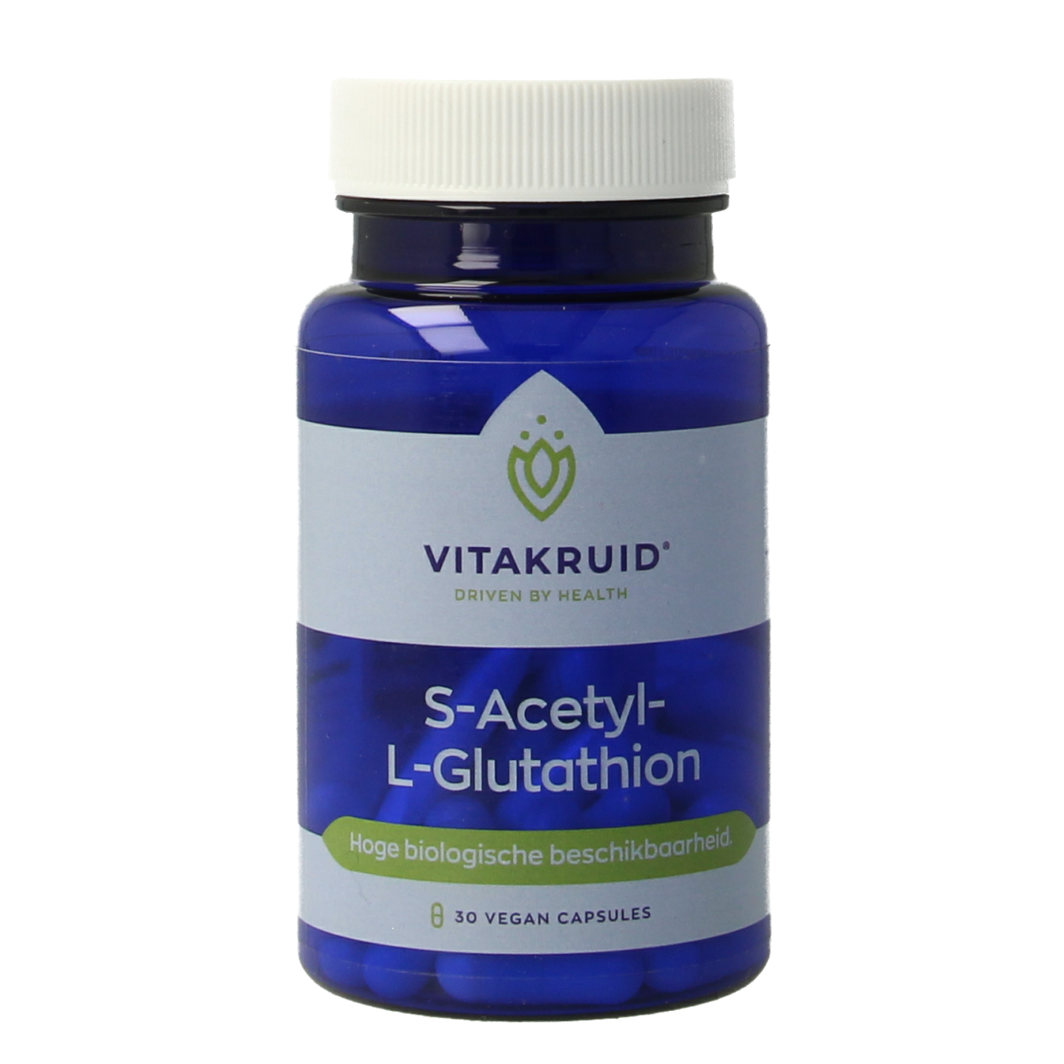 Vegetarian capsules of Vitakruid S-Acetyl-L-Glutathion 100mg, dietary supplement in clear capsule form, showing the product packaging.