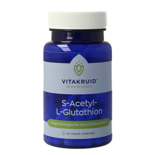 Vegetarian capsules of Vitakruid S-Acetyl-L-Glutathion 100mg, dietary supplement in clear capsule form, showing the product packaging.