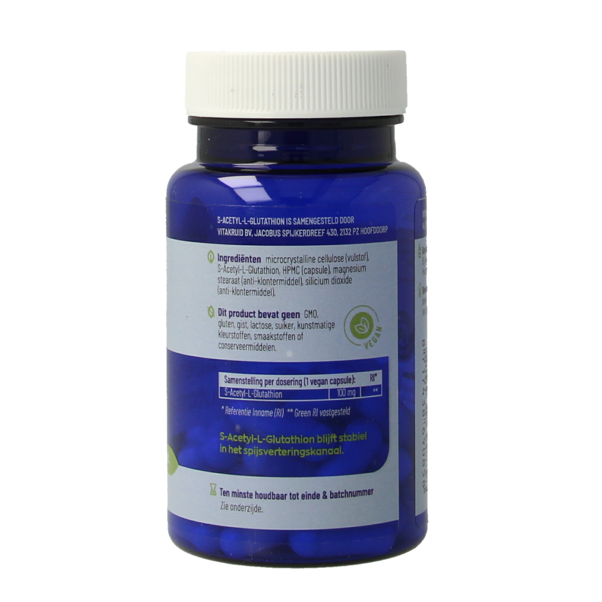 Vegetarian capsules of Vitakruid S-Acetyl-L-Glutathion 100 mg, dietary supplement for antioxidant support.
