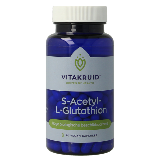 Vegetarian capsules of Vitakruid S-Acetyl-L-Glutathion 100 mg, amino acids supplement in clear capsule form.