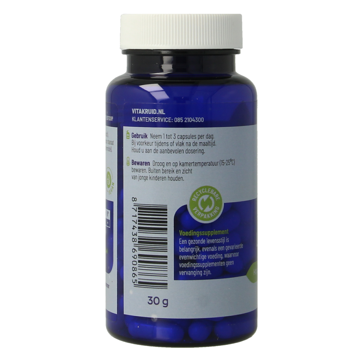 Vegetarian capsules of Vitakruid S-Acetyl-L-Glutathion 100 mg, supplement with amino acids, in a clear container.