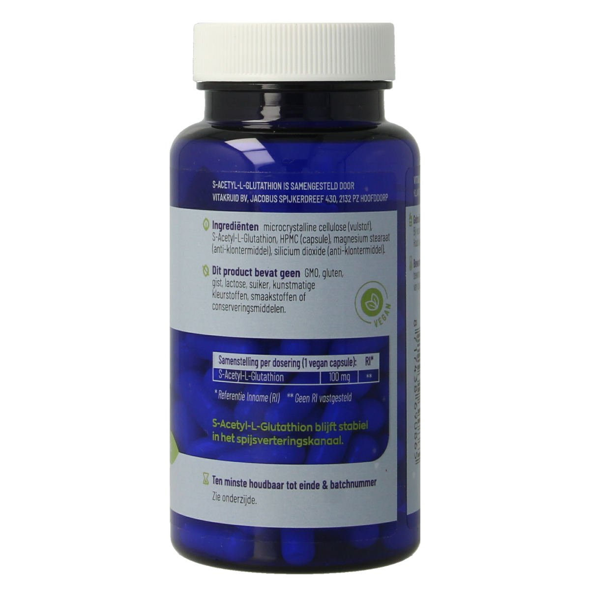 Vegetarian capsules of Vitakruid S-Acetyl-L-Glutathion 100 mg, dietary supplement with amino acids in a clear bottle