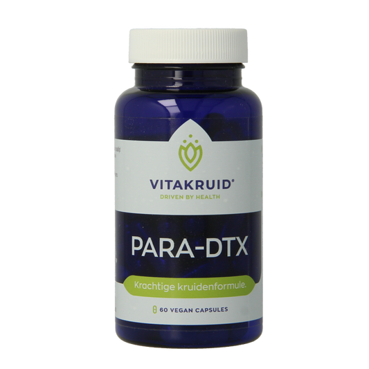 Vitakruid PARA DTX kruidenformule in vegetarische capsules with oregano en knoflook, herbal supplement for wellness.