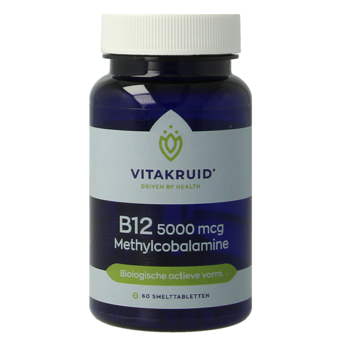 Vitakruid B12 5000 mcg methylcobalamine vitamin supplement, 60 chewable tablets, close-up of the product packaging.