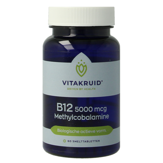 Vitakruid B12 5000 mcg methylcobalamine vitamin supplement, 60 chewable tablets, close-up of the product packaging.